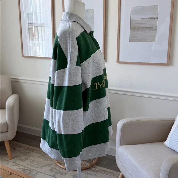 ZARA Tribeca Midtown NY Rugby Polo Sweatshirt Green Gray Striped Oversized - Picture 7 of 15